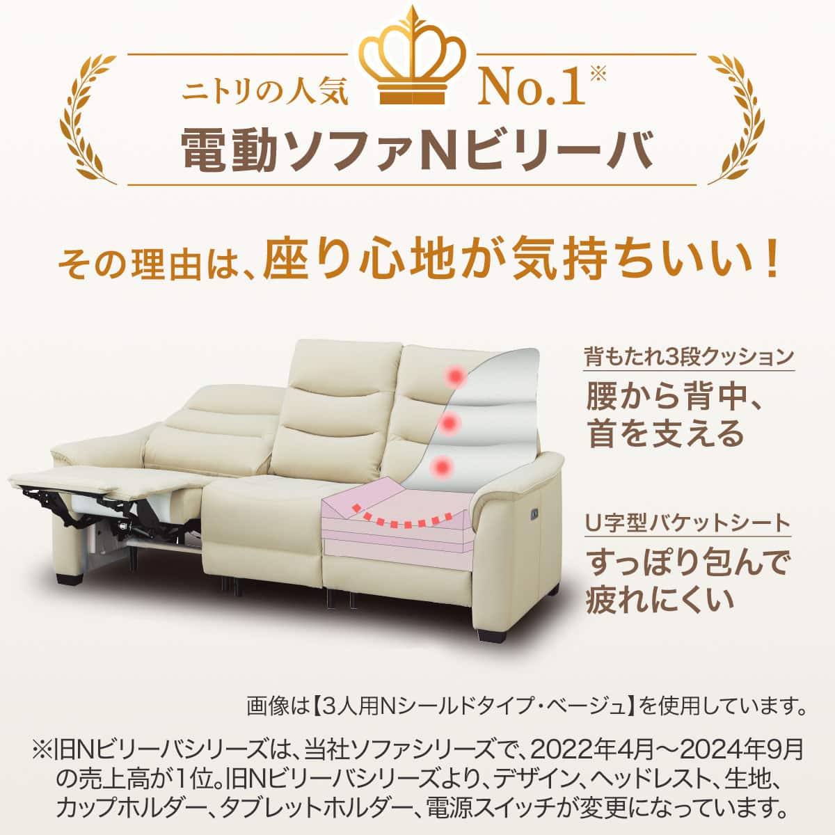【送料+300円】早い者勝ち！ベージュ 3人掛けソファ　NITORI 3人掛け電動リクライニングソファ テーブル付き 厚革(一部合成皮革