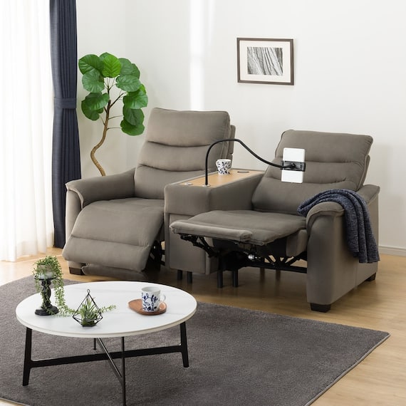 2人掛け電動リクライニングソファ 収納ユニット付き 布張りタイプ(Nビリーバ3 マイクロF GY) 1枚目画像