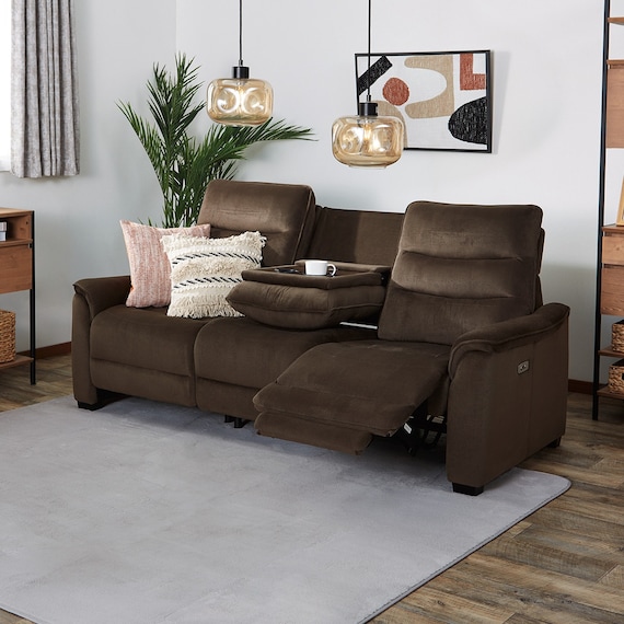 3人掛け電動リクライニングソファ テーブル付き 布張りタイプ(Nビリーバ3 マイクロF BR) 1枚目画像