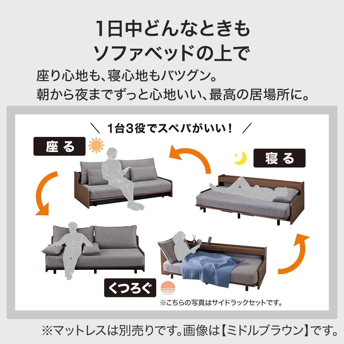 ベッドソファフレーム + サイドラックセット マットレス別売り (B2 棚
