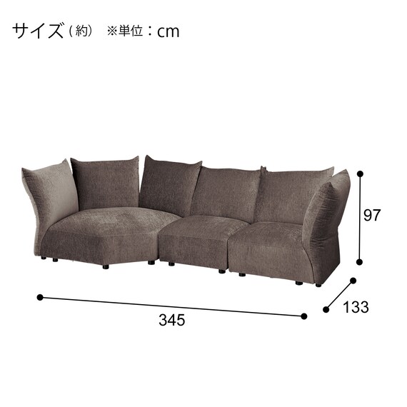 フェザークッションソファ ワイド3バックカウチセット 布張りタイプ (YH01 DGY) 5枚目画像