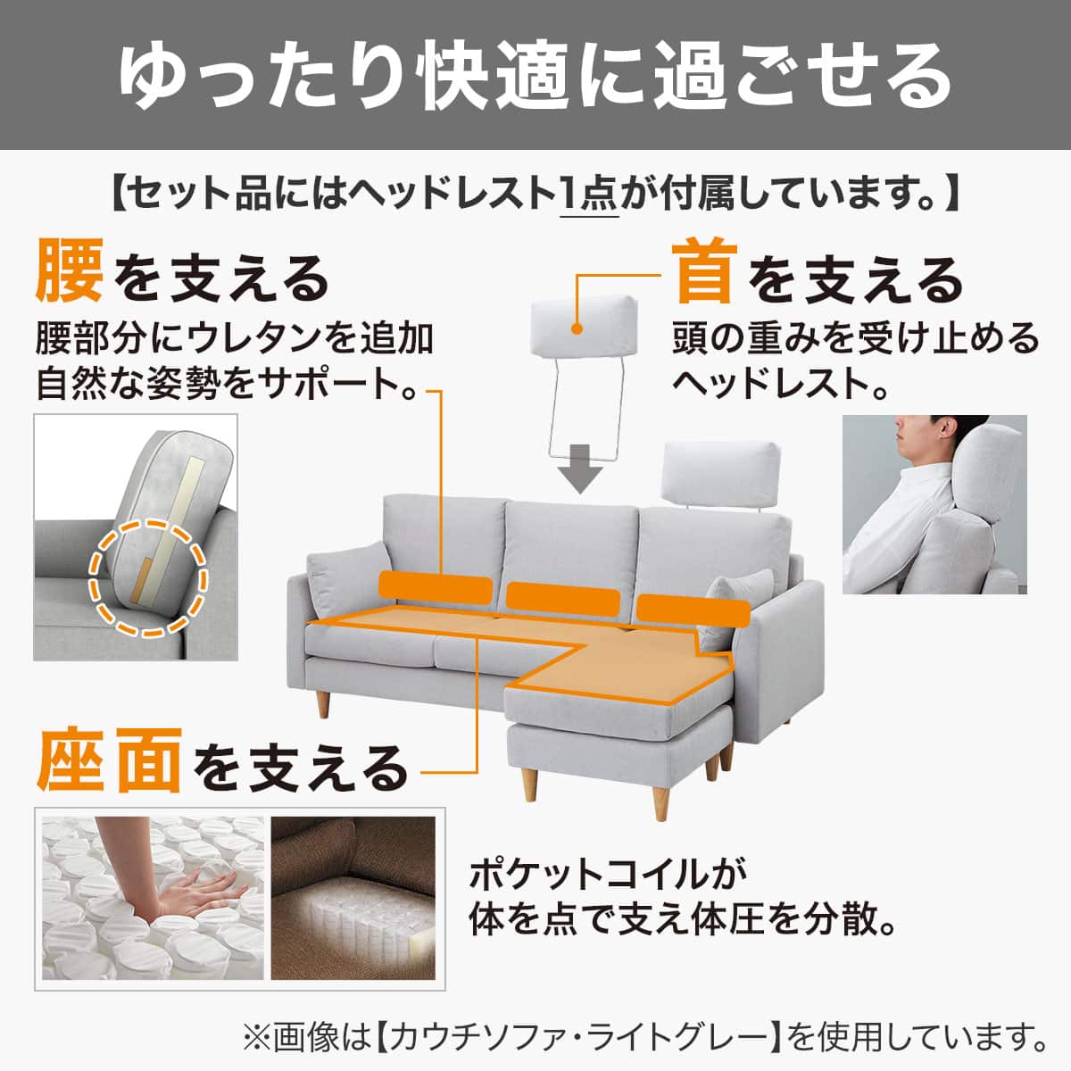 カウチソファ + ヘッドレスト1個セット 布張りタイプ (CS03 両肘 LGY