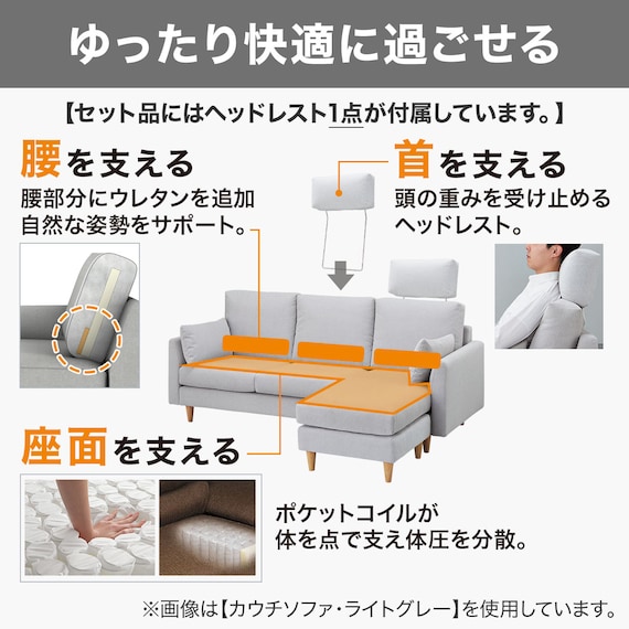 傷・汚れに強い カウチソファ + ヘッドレスト1個セット 布張りタイプ (CS03 Nシールド 両肘 LGY/木脚LBR) 2枚目画像