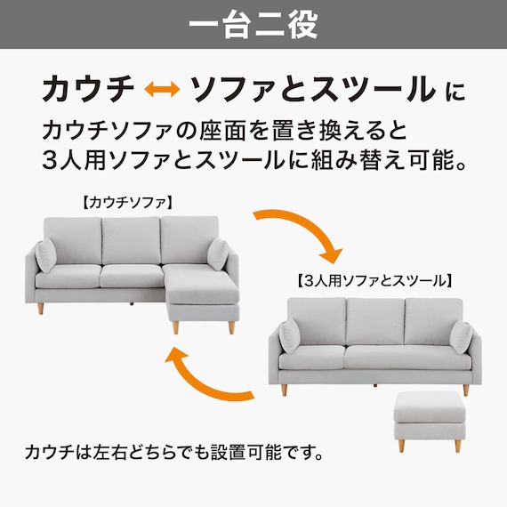 傷・汚れに強い カウチソファ + ヘッドレスト1個セット 布張りタイプ (CS03 Nシールド 両肘 LGY/木脚LBR) 7枚目画像