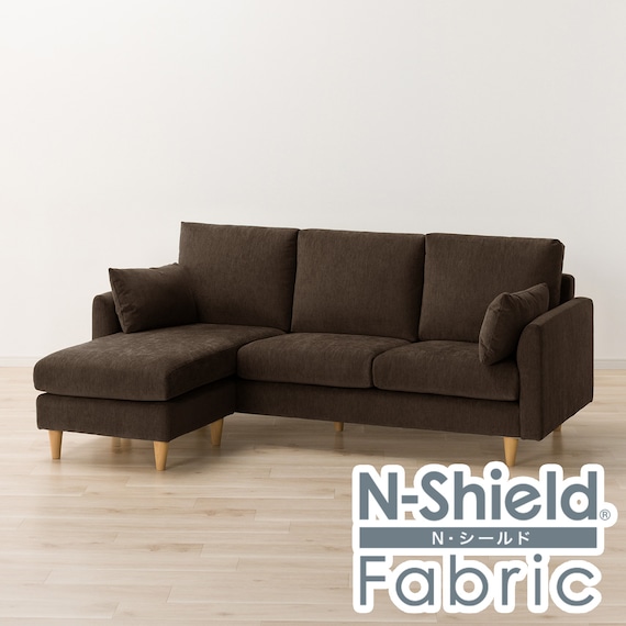 傷・汚れに強い カウチソファ 布張りタイプ (CS03 Nシールド DBR/木脚LBR) 1枚目画像