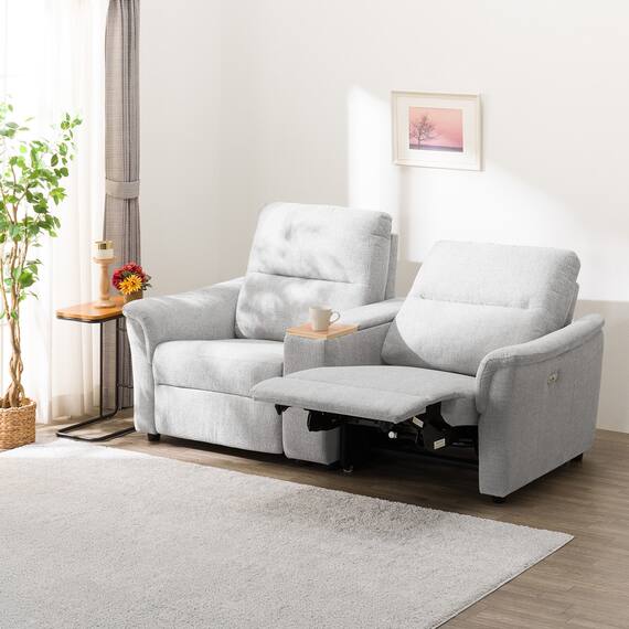 2人掛け電動リクライニングソファ + 収納ユニット 布張りタイプ (KK6133 LGY) 1枚目画像