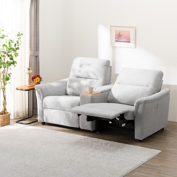 2人掛け電動リクライニングソファ + 収納ユニット 布張りタイプ (KK6133 LGY) 1枚目画像