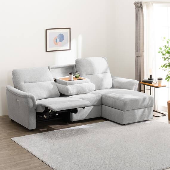 2人掛け電動リクライニングソファ + 収納カウチ + テーブルユニット 布張りタイプ (KK6133 左カウチ LGY) 1枚目画像