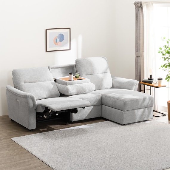 2人掛け電動リクライニングソファ + 収納カウチ + テーブルユニット 布張りタイプ (KK6133 左カウチ LGY) 1枚目画像