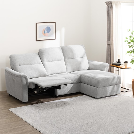 2人掛け電動リクライニングソファ + 収納カウチ + テーブルユニット 布張りタイプ (KK6133 左カウチ LGY) 7枚目画像