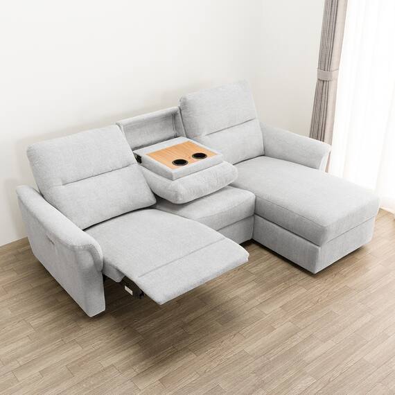 2人掛け電動リクライニングソファ + 収納カウチ + テーブルユニット 布張りタイプ (KK6133 左カウチ LGY) 12枚目画像