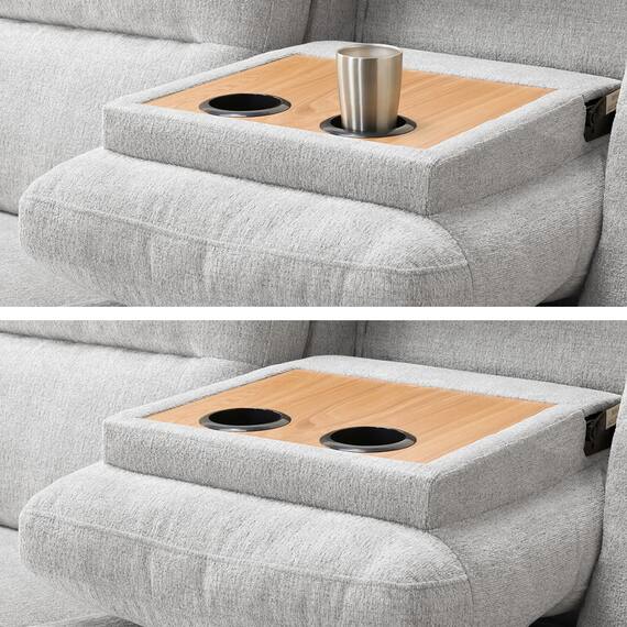 2人掛け電動リクライニングソファ + 収納カウチ + テーブルユニット 布張りタイプ (KK6133 左カウチ LGY) 17枚目画像