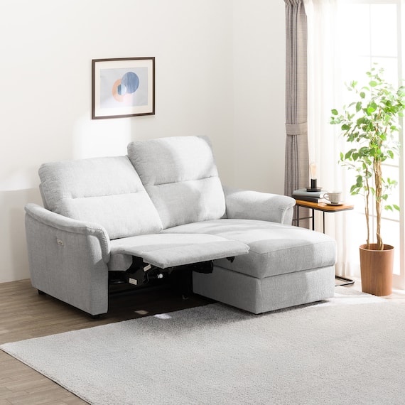 2人掛け電動リクライニングソファ+収納カウチソファセット 布張りタイプ (KK6133 左カウチ LGY) 1枚目画像