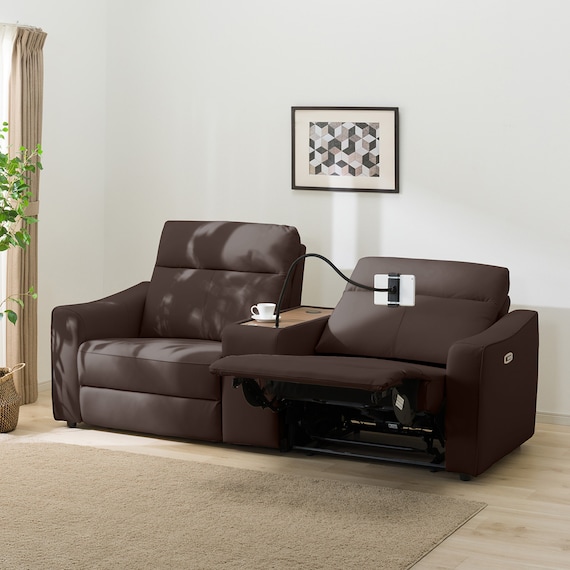 2人掛け電動リクライニングワイドソファ+収納ユニットセット 本革(一部合成皮革)タイプ (UM04 WSB DBR) 1枚目画像