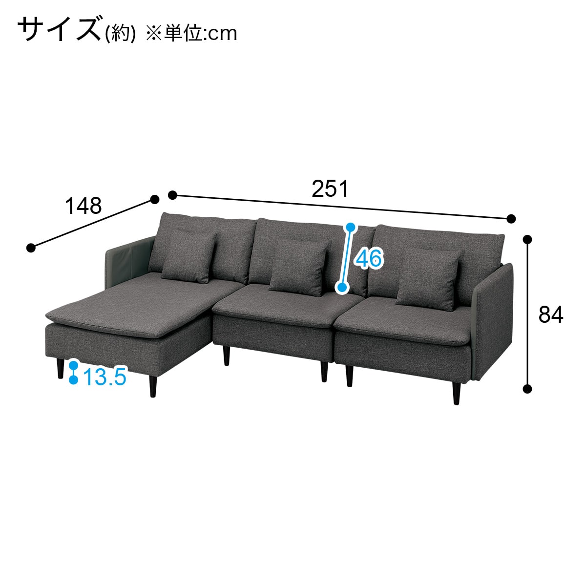 3人掛け 布・本革リバーシブルカウチソファ (ES01 GY) | ニトリネット