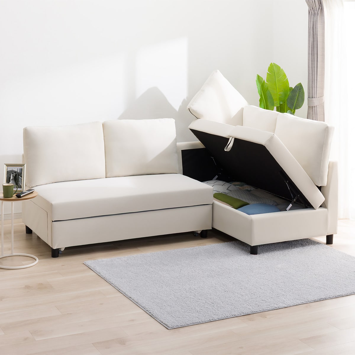 傷・汚れに強い ベッドタイプ コーナーソファ 合皮タイプ (ノアーク3 N