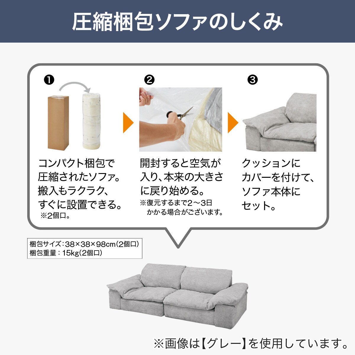 圧縮パッケージ 3人掛けソファ布張りタイプ(XL15 GY) | ニトリネット