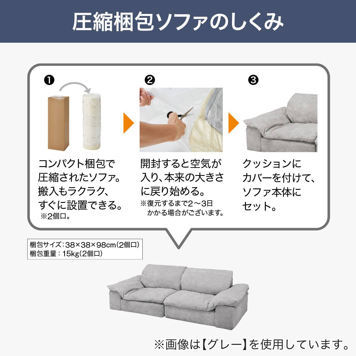 圧縮パッケージ 3人掛けソファ布張りタイプ(XL15 MO) | ニトリネット