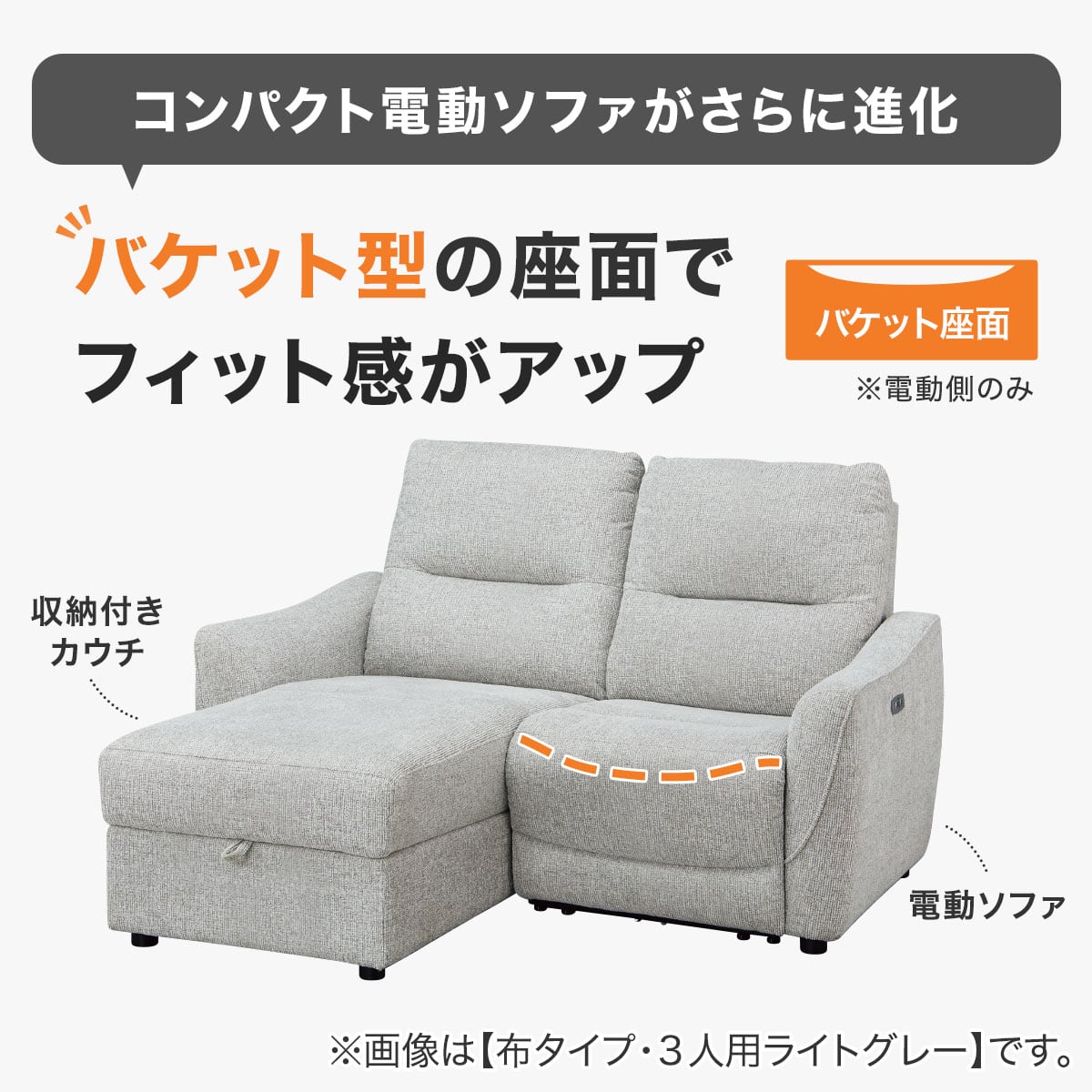 3人掛け片側電動リクライニングカウチソファ 布張りタイプ (HE02 右