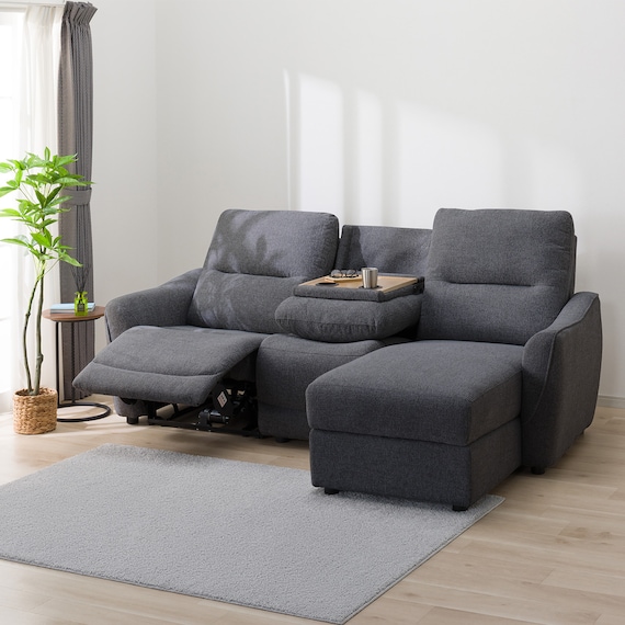 2人掛け片側電動リクライニングカウチソファ+アームレスセット 布張りタイプ(HE02 左カウチ DGY) 1枚目画像