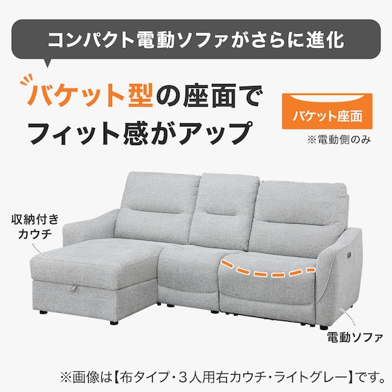 2人掛け片側電動リクライニングカウチソファ+アームレスセット 布張りタイプ(HE02 左カウチ DGY) 2枚目画像