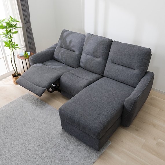 2人掛け片側電動リクライニングカウチソファ+アームレスセット 布張りタイプ(HE02 左カウチ DGY) 10枚目画像