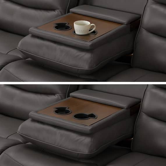 【2モーター】3人掛け電動リクライニングソファ テーブル付き 厚革(一部合成皮革)タイプ (Nビリーバ3 DGY) 18枚目画像