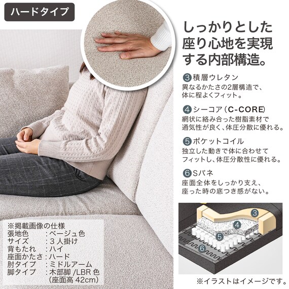 3人掛けソファ 布張りタイプ(SS01 H/H/MA/LBR A-BE)【島忠ホームズ商品】 5枚目画像