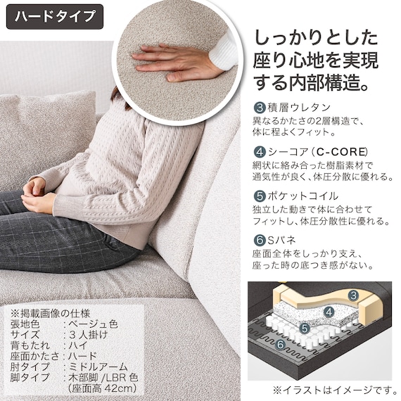 3人掛けソファ 布張りタイプ(SS01 H/H/MA/LBR A-BE)【島忠ホームズ商品】 5枚目画像