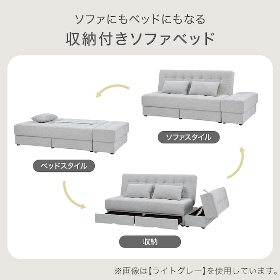 ソファベッド ボルスター付き + スツールセット 布張りタイプ (DJ14 2Pソファ/収納付きスツール LGY) 2枚目画像