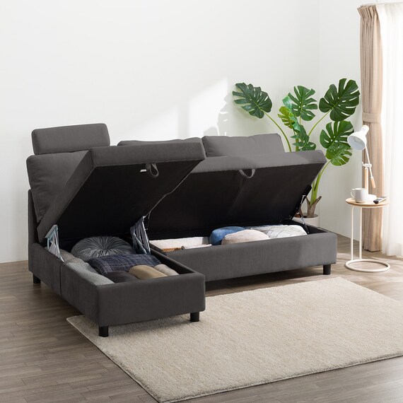 収納タイプ カウチソファ 布張りタイプ + ヘッドレスト1個セット (ノアーク3 右カウチ DGY) 2枚目画像