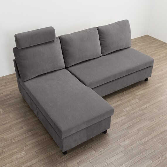 収納タイプ カウチソファ 布張りタイプ + ヘッドレスト1個セット (ノアーク3 右カウチ DGY) 3枚目画像