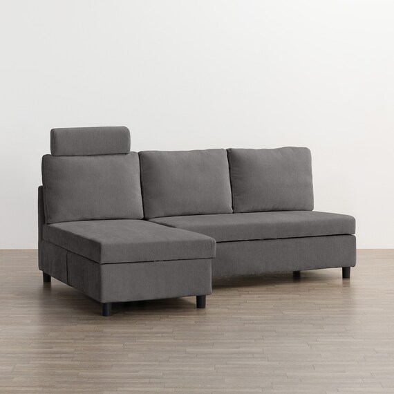 収納タイプ カウチソファ 布張りタイプ + ヘッドレスト1個セット (ノアーク3 右カウチ DGY) 4枚目画像