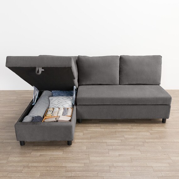 収納タイプ カウチソファ 布張りタイプ + ヘッドレスト1個セット (ノアーク3 右カウチ DGY) 9枚目画像