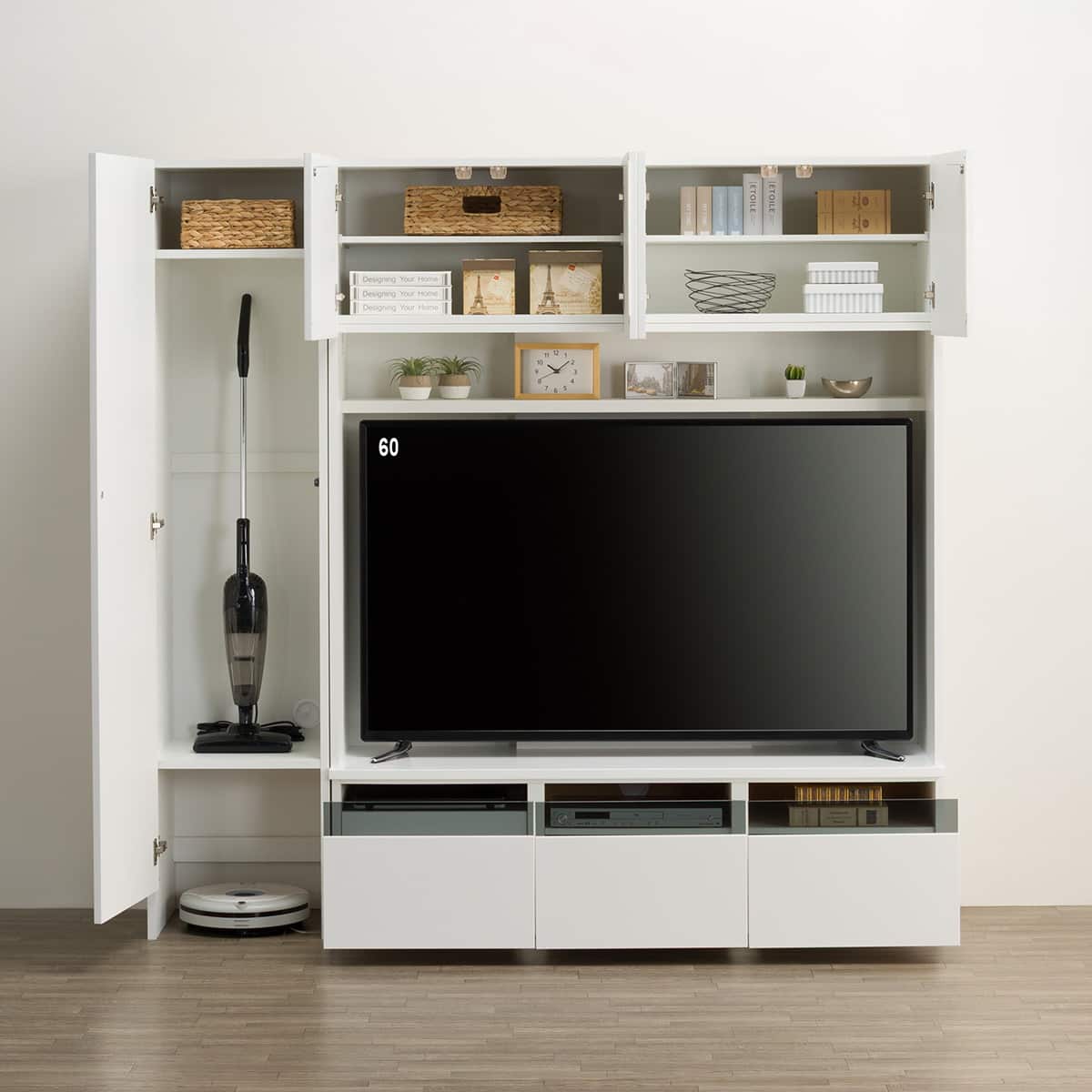 N1356★ハイテレビボード★テレビボード★ボード★幅1045mm ハイテレビボード2点セット(UF01 150 /トールキャビネット45D-L WH