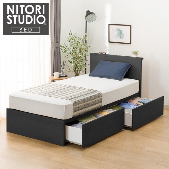 収納付きベッドフレーム シングル 棚付きタイプ (NS-002 DR31 引き出し付き 深型 すのこ BK) 1枚目画像