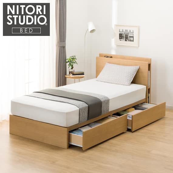 シングル 棚・サイド収納付きベッドフレーム(NS-003 浅型/床板 LBR) 1枚目画像