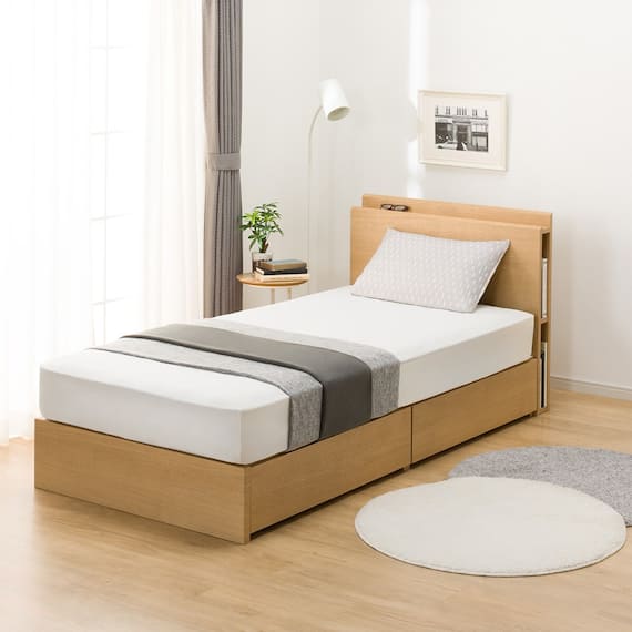 シングル 棚・サイド収納付きベッドフレーム(NS-003 浅型/床板 LBR) 4枚目画像