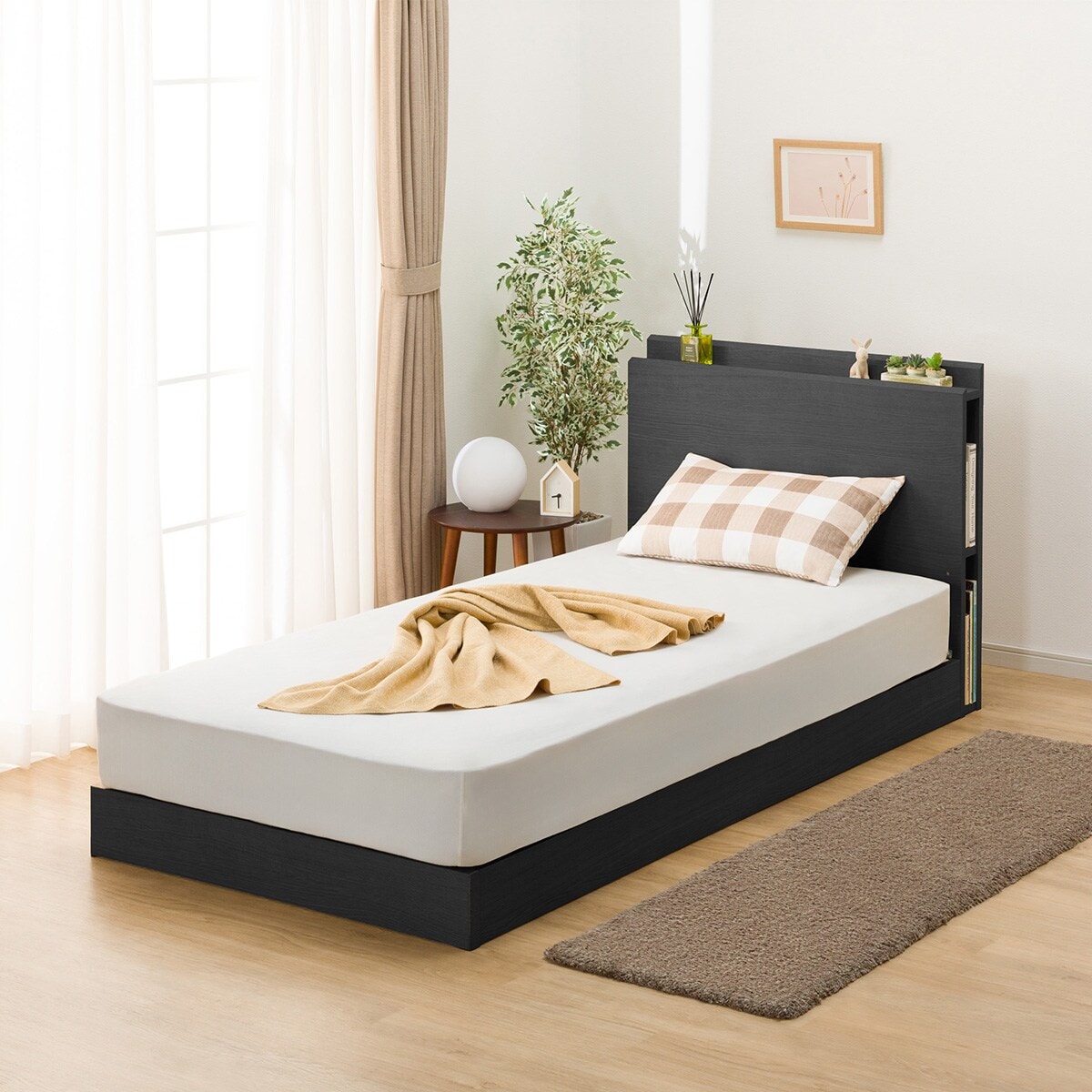 シングル 棚・サイド収納付きベッドフレーム(NS-003 LEG/LOW 床板 BK