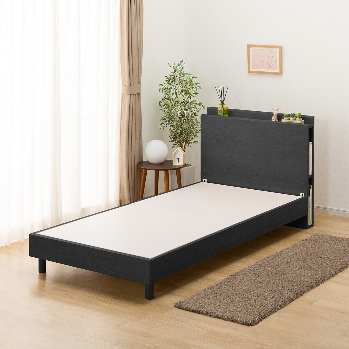 ベッドフレーム brother シングル 棚・サイド収納付きベッドフレーム(NS-003 LEG/LOW 床板 BK