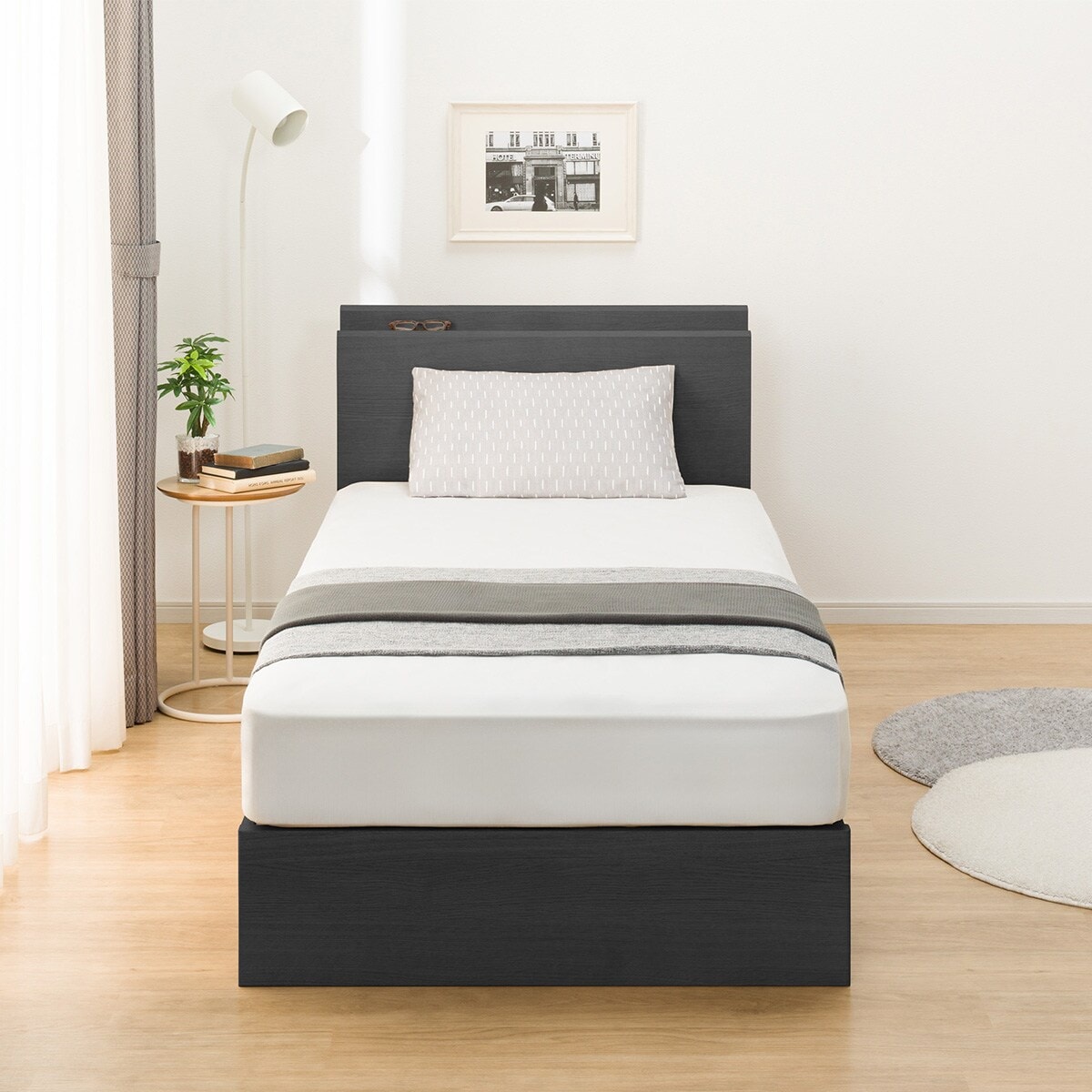 シングル 棚・サイド収納付きベッドフレーム(NS-003 浅型/すのこ BK