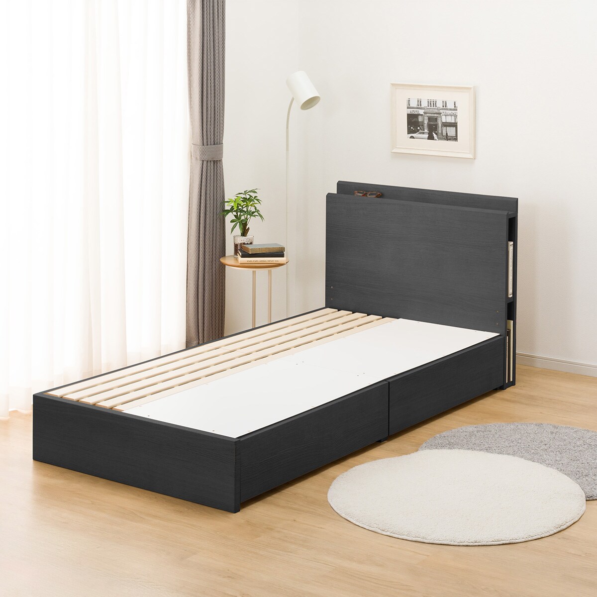 シングル 棚・サイド収納付きベッドフレーム(NS-003 浅型/すのこ BK