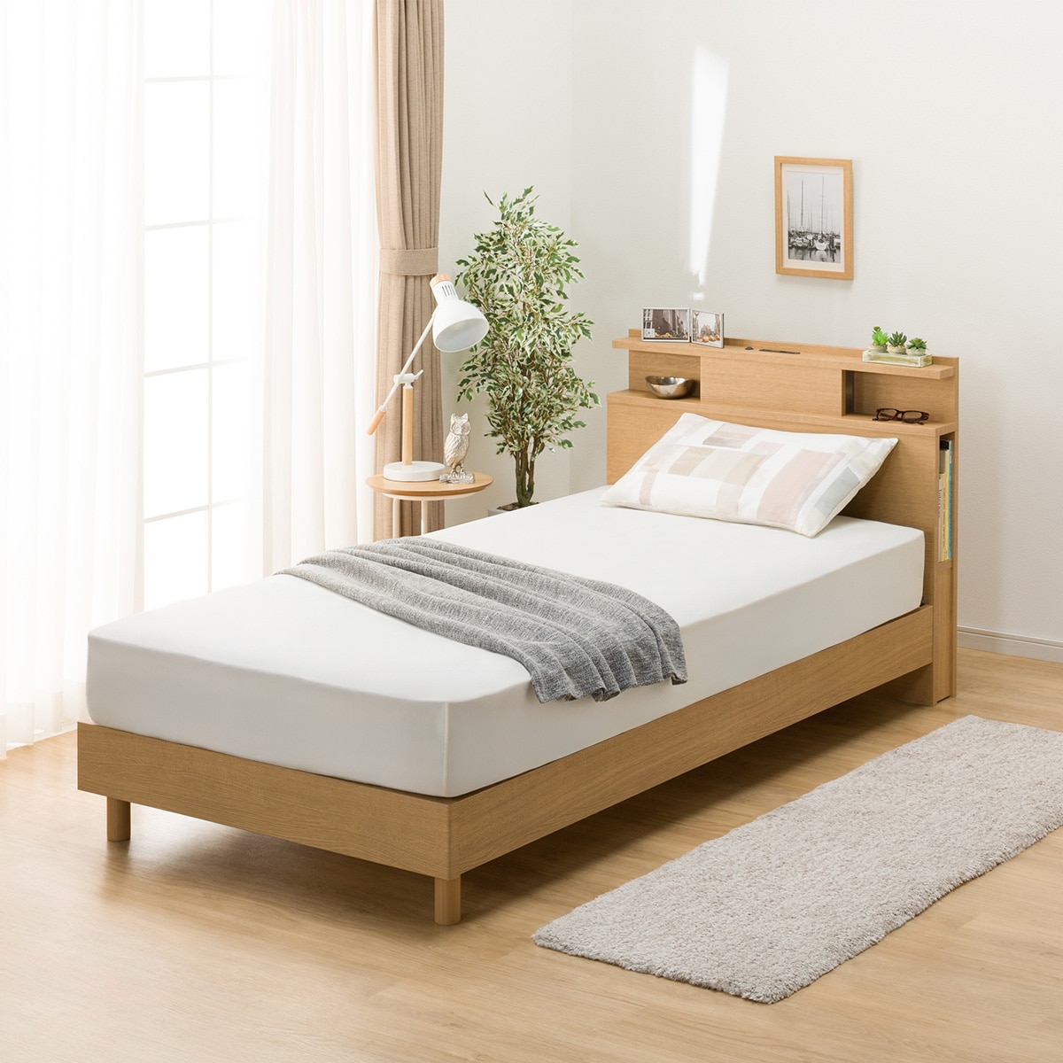 ◇ニトリ◇ベッドフレーム◇ダブル◇コンセント照明付き◇大阪兵庫京都奈良滋賀和歌山 ダブル 棚・照明・サイド収納付きベッドフレーム(NS-004 LEG/LOW