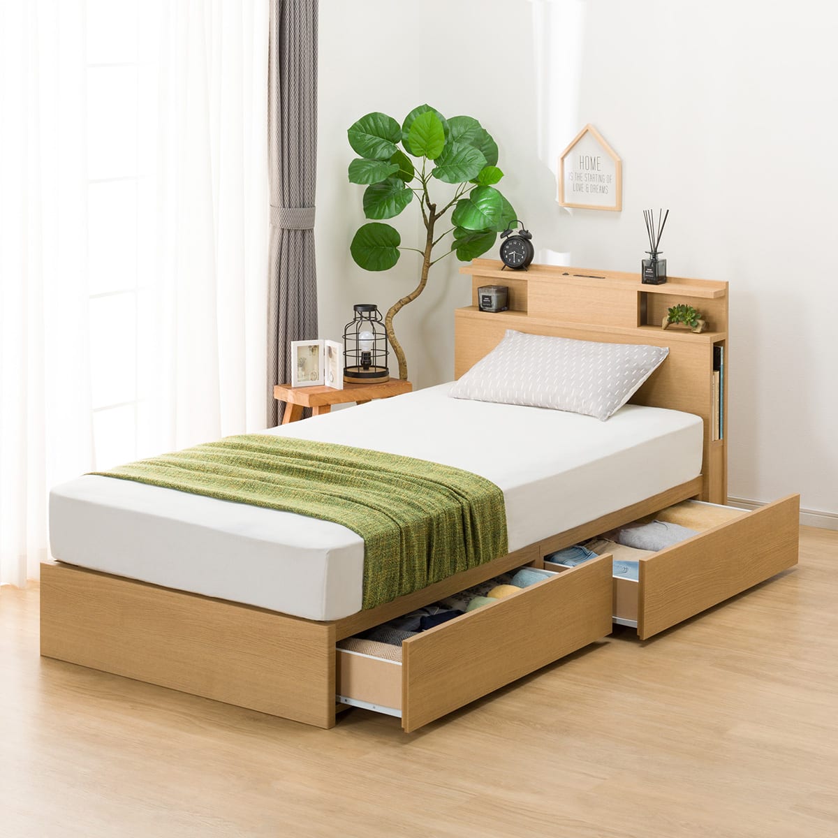 ダブル 棚・照明・サイド収納付きベッドフレーム(NS-004 浅型/すのこ