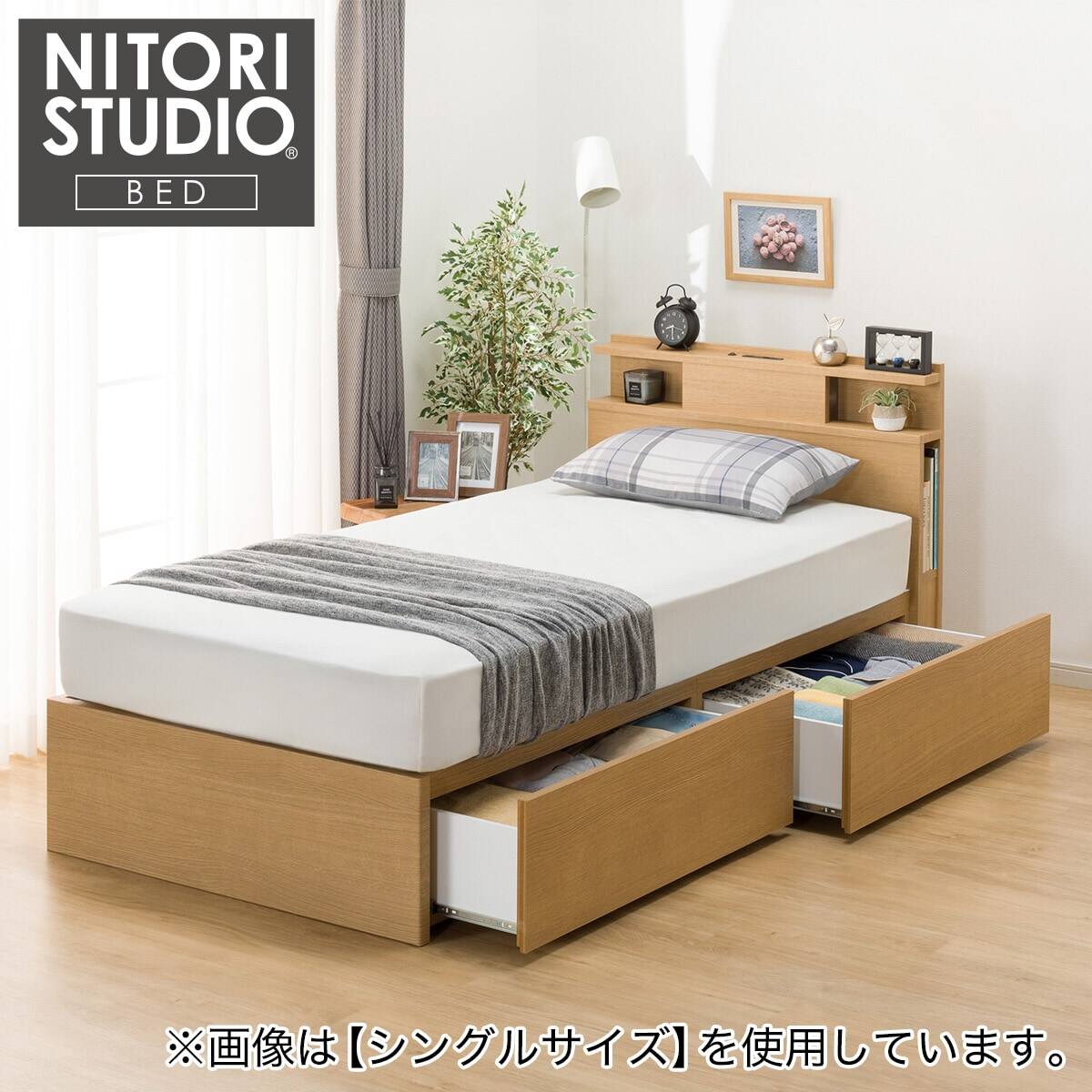 クイーン 棚・照明・サイド収納付きベッドフレーム(NS-004 深型/すのこ