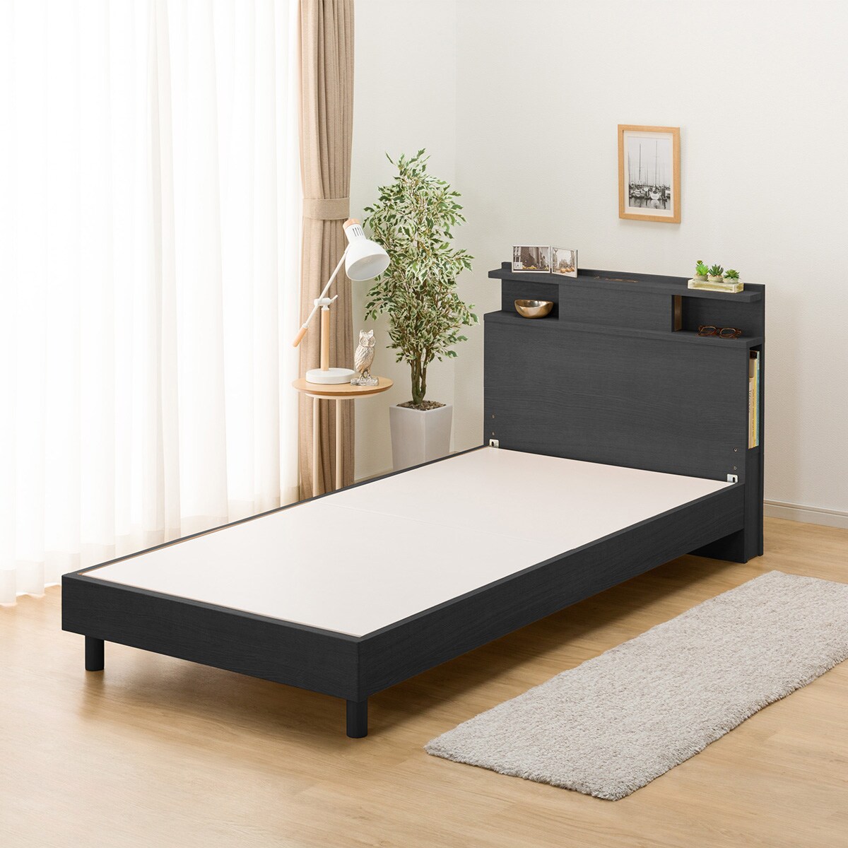 シングル 棚・照明・サイド収納付きベッドフレーム(NS-004 LEG/LOW