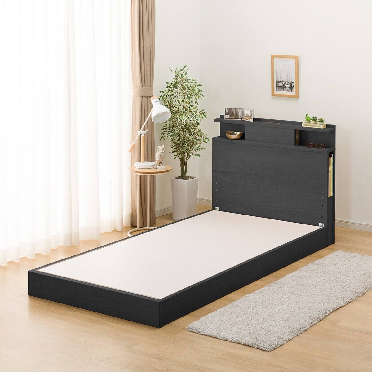 シングル 棚・照明・サイド収納付きベッドフレーム(NS-004 LEG/LOW