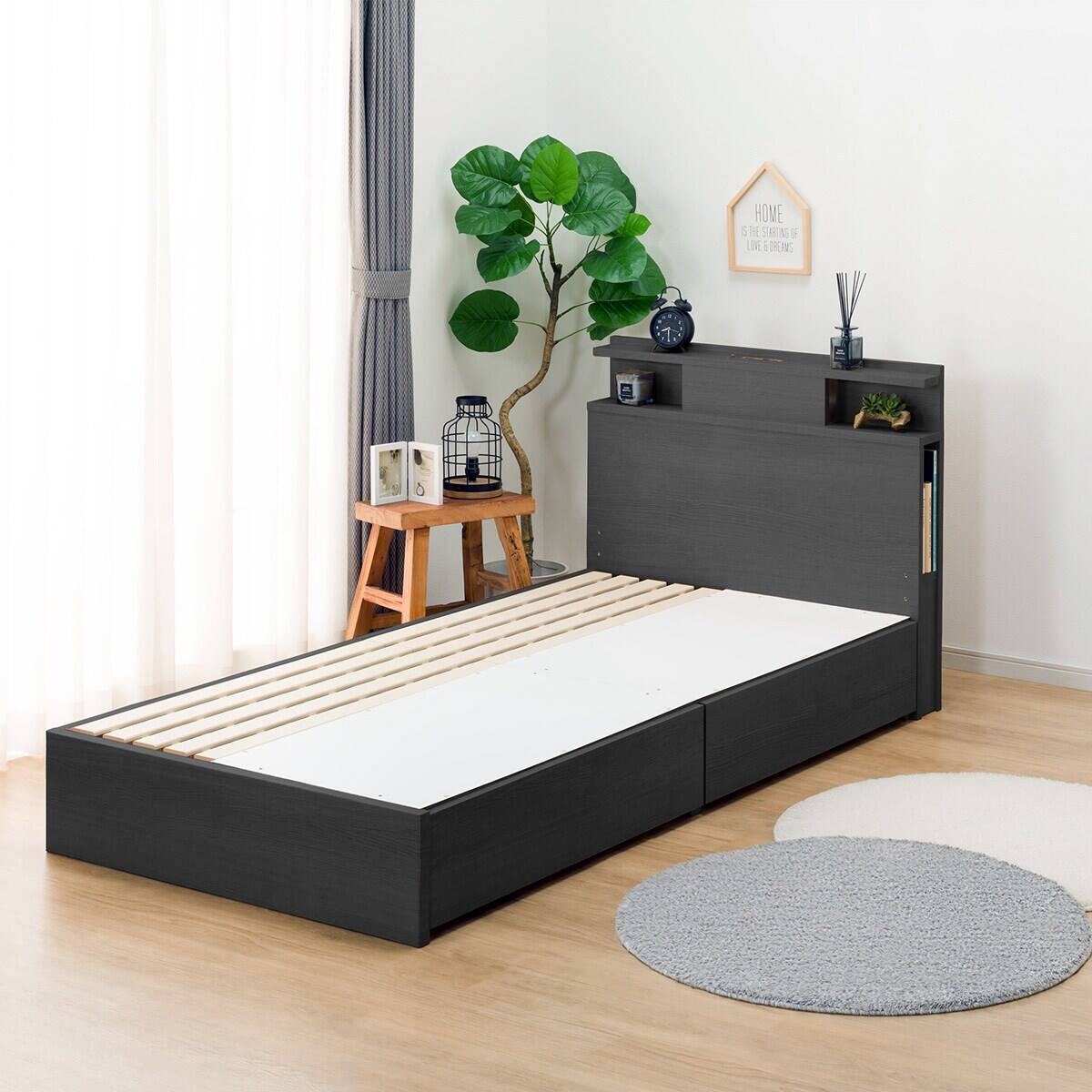 シングル 棚・照明・サイド収納付きベッドフレーム(NS-004 浅型/すのこ