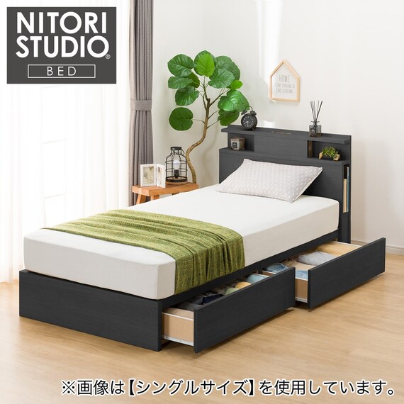 収納付きベッドフレーム ダブル 棚・サイド収納・照明付きタイプ1 (NS 