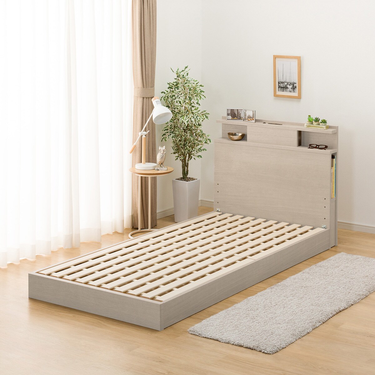 シングル 棚・照明・サイド収納付きベッドフレーム(NS-004 LEG/LOW